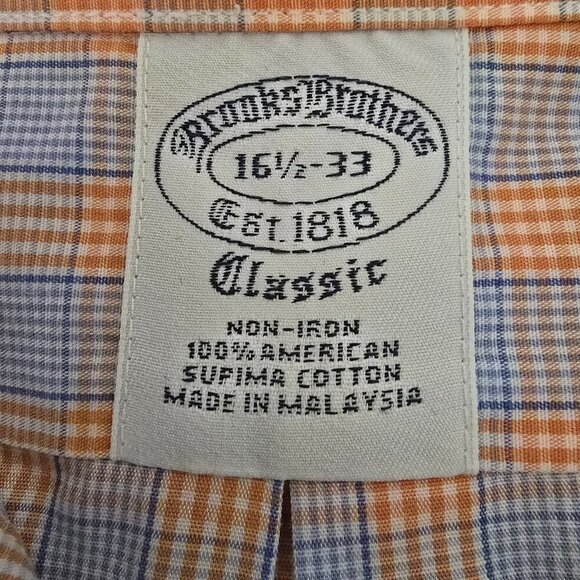 BROOKS BROTHERS ORANGE AND BLUE PLAID BUTTON DOWN LONG SLEEVE MENS 16 1/2 33 - Picture 3 of 5
